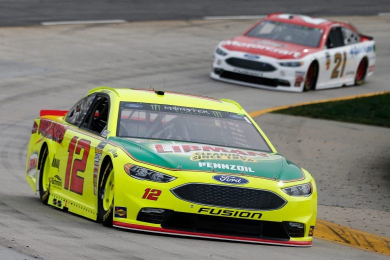 MARTINSVILLE, VA - MARCH 24:  Ryan Blaney, driver of the #12 Menards/Libman Ford, leads Paul Menard, driver of the #21 Motorcraft/Quick Lane Tire & Auto Center Ford, during practice for the Monster Energy NASCAR Cup Series STP 500 at Martinsville Speedway on March 24, 2018 in Martinsville, Virginia.  (Photo by Brian Lawdermilk/Getty Images) | Getty Images