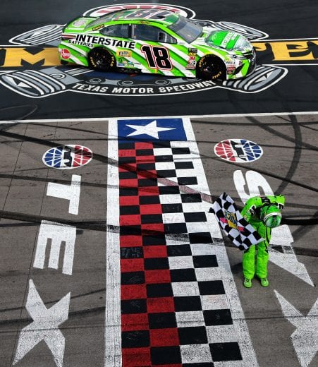 FORT WORTH, TX - APRIL 08:  Kyle Busch, driver of the #18 Interstate Batteries Toyota, celebrates winning the Monster Energy NASCAR Cup Series O'Reilly Auto Parts 500 at Texas Motor Speedway on April 8, 2018 in Fort Worth, Texas.  (Photo by Sean Gardner/Getty Images) | Getty Images