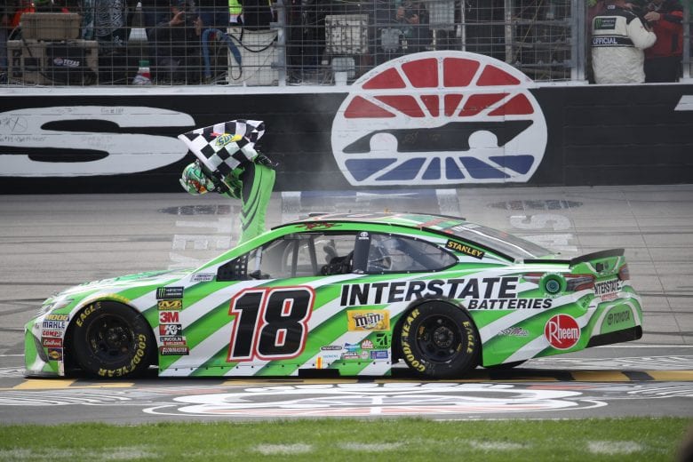 FORT WORTH, TX - APRIL 08:  Kyle Busch, driver of the #18 Interstate Batteries Toyota, celebrates winning the Monster Energy NASCAR Cup Series O'Reilly Auto Parts 500 at Texas Motor Speedway on April 8, 2018 in Fort Worth, Texas.  (Photo by Chris Graythen/Getty Images) | Getty Images