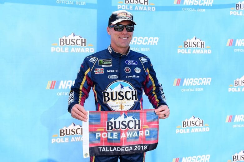 TALLADEGA, AL - APRIL 28:  Kevin Harvick, driver of the #4 Busch Beer Flannel Ford, poses with the Busch Pole Award after qualifying for the pole position for the Monster Energy NASCAR Cup Series GEICO 500 at Talladega Superspeedway on April 28, 2018 in Talladega, Alabama.  (Photo by Josh Hedges/Getty Images) | Getty Images