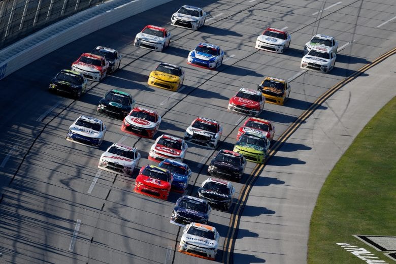 TALLADEGA, AL - APRIL 28: Spencer Gallagher, driver of the #23 Allegiant Chevrolet, leads the field during the NASCAR Xfinity Series Sparks Energy 300 at Talladega Superspeedway on April 28, 2018 in Talladega, Alabama.  (Photo by Jonathan Ferrey/Getty Images) | Getty Images