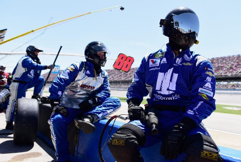 TALLADEGA, AL - APRIL 29: Crew members of the Alex Bowman, driver of the #88 Nationwide Chevrolet, sit on the pit wall during the Monster Energy NASCAR Cup Series GEICO 500 at Talladega Superspeedway on April 29, 2018 in Talladega, Alabama.  (Photo by Jared C. Tilton/Getty Images) | Getty Images