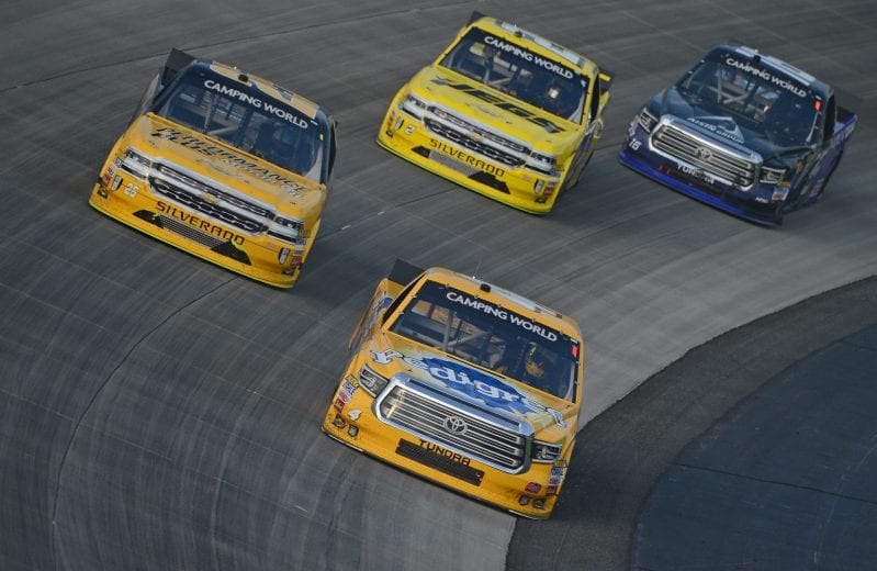 DOVER, DE - MAY 04:  Todd Gilliland, driver of the #4 Pedigree Toyota, leads a pack of trucks during the NASCAR Camping World Truck Series JEGS 200 at Dover International Speedway on May 4, 2018 in Dover, Delaware.  (Photo by Robert Laberge/Getty Images) | Getty Images