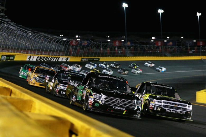 CHARLOTTE, NC - MAY 18: Brett Moffitt, driver of the #16 Ibaraki Toyopet Toyota, and Justin Haley, driver of the #24 Fraternal Order of Eagles Chevrolet, lead a pack of trucks during the NASCAR Camping World Truck Series North Carolina Education Lottery 200 at Charlotte Motor Speedway on May 18, 2018 in Charlotte, North Carolina. (Photo by Sean Gardner/Getty Images) | Getty Images