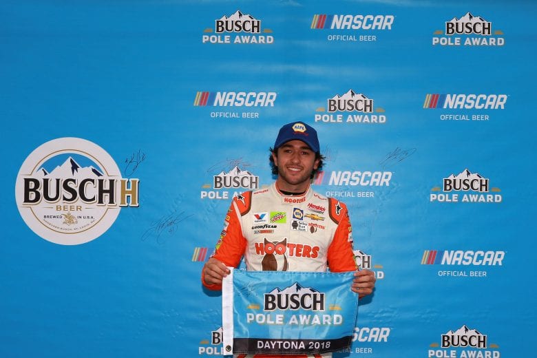 DAYTONA BEACH, FL - JULY 06: Chase Elliott, driver of the #9 Hooters Chevrolet, poses with the pole award after qualifying on the pole for the Monster Energy NASCAR Cup Series Coke Zero Sugar 400 at Daytona International Speedway on July 6, 2018 in Daytona Beach, Florida. (Photo by Matt Sullivan/Getty Images) | Getty Images
