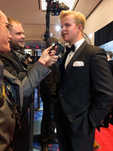 Tyler Ankrum speaks with the media at the NASCAR Awards in Charlotte.