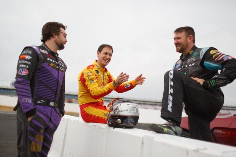 Joey Logano holds court in a preview of the 2019 Ford Mustang racer at Charlotte Motor Speedway