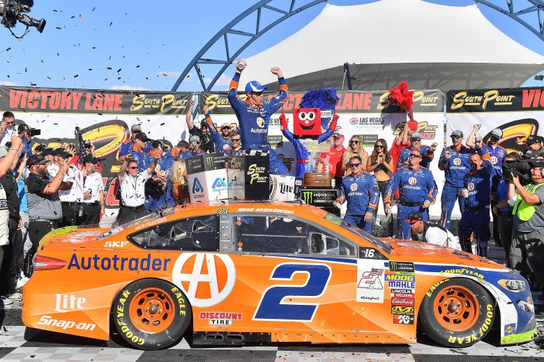 LAS VEGAS, NV - SEPTEMBER 16:  Brad Keselowski, driver of the #2 Autotrader Ford,
celebrates in victory lane after winning during the Monster Energy NASCAR Cup Series SouthPoint 400 at Las Vegas Motor Speedway on September 16, 2018 in Las Vegas, Nevada.  (Photo by Sam Wasson/Getty Images) | Getty Images