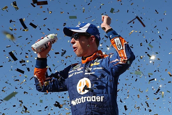 LAS VEGAS, NV - SEPTEMBER 16:  Brad Keselowski, driver of the #2 Autotrader Ford, celebrates in victory lane after winning the Monster Energy NASCAR Cup Series SouthPoint 400 at Las Vegas Motor Speedway on September 16, 2018 in Las Vegas, Nevada.  (Photo by Matt Sullivan/Getty Images) | Getty Images