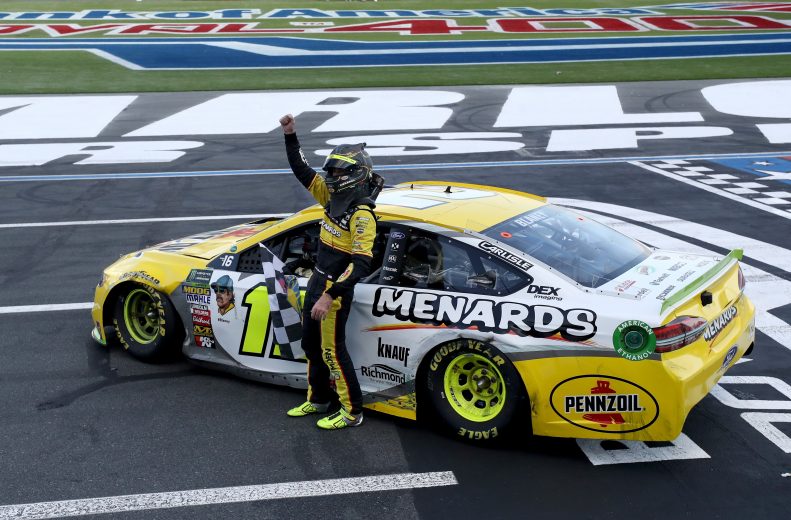 CHARLOTTE, NC - SEPTEMBER 30:  Ryan Blaney, driver of the #12 Menards/Pennzoil Ford, celebrates after winning the Monster Energy NASCAR Cup Series Bank of America Roval 400 at Charlotte Motor Speedway on September 30, 2018 in Charlotte, North Carolina.  (Photo by Streeter Lecka/Getty Images) | Getty Images