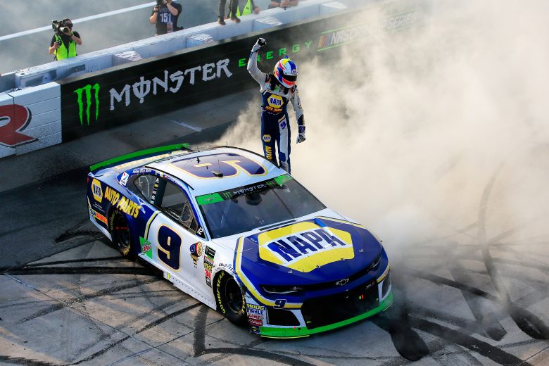 DOVER, DE - OCTOBER 07:  Chase Elliott, driver of the #9 NAPA Auto Parts Chevrolet, celebrates winning the Monster Energy NASCAR Cup Series Gander Outdoors 400 at Dover International Speedway on October 7, 2018 in Dover, Delaware.  (Photo by Chris Trotman/Getty Images) | Getty Images