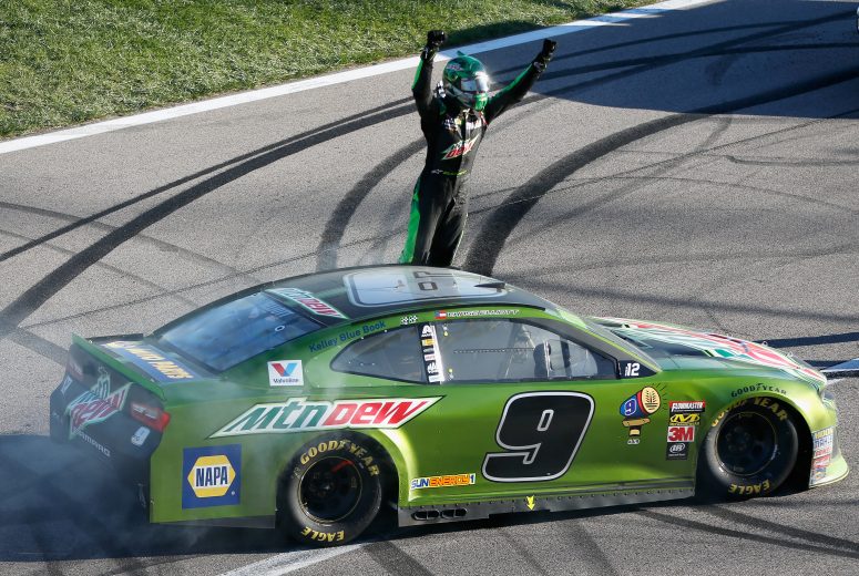 KANSAS CITY, KS - OCTOBER 21:  Chase Elliott, driver of the #9 Mountain Dew Chevrolet, celebrates after winning the Monster Energy NASCAR Cup Series Hollywood Casino 400 at Kansas Speedway on October 21, 2018 in Kansas City, Kansas.  (Photo by Jonathan Ferrey/Getty Images) | Getty Images