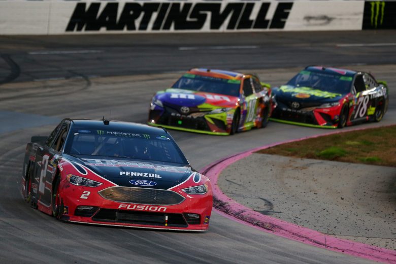 MARTINSVILLE, VA - OCTOBER 28:  Brad Keselowski, driver of the #2 Thomas Built Buses Ford, leads a pack of cars during the Monster Energy NASCAR Cup Series First Data 500 at Martinsville Speedway on October 28, 2018 in Martinsville, Virginia.  (Photo by Sarah Crabill/Getty Images) | Getty Images