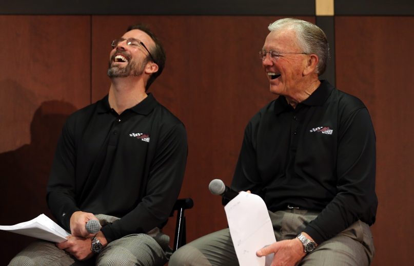 CONCORD, NC - JANUARY 24: (L-R) J.D. Gibbs, President of JGR, sits beside his father and team owner, Joe Gibbs, as they speak to the media during the 2013 NASCAR Sprint Media Tour on January 24, 2013 in Concord, North Carolina. (Photo by Streeter Lecka/Getty Images for NASCAR) | Getty Images