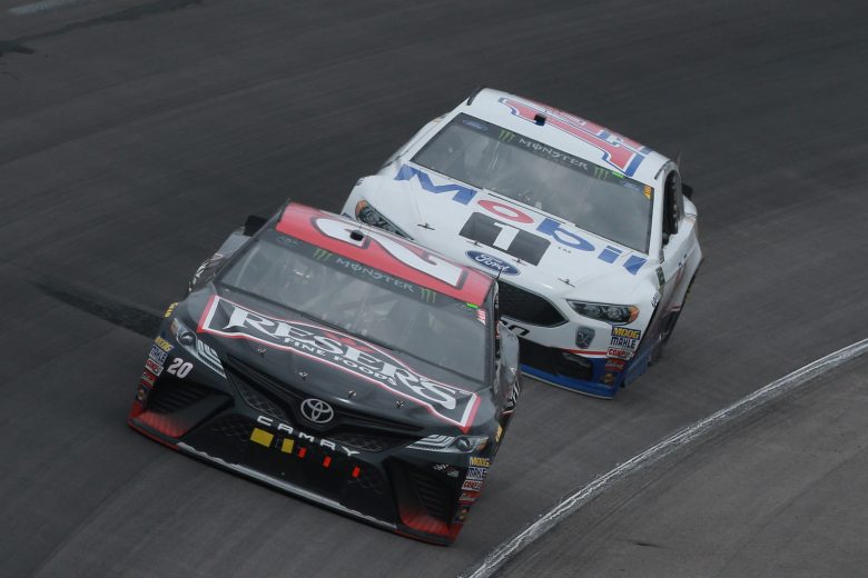 FORT WORTH, TX - APRIL 08:  Erik Jones, driver of the #20 Reser's Toyota, leads Clint Bowyer, driver of the #14 Mobil 1/Rush Truck Centers Ford, during the Monster Energy NASCAR Cup Series O'Reilly Auto Parts 500 at Texas Motor Speedway on April 8, 2018 in Fort Worth, Texas.  (Photo by Sean Gardner/Getty Images) | Getty Images