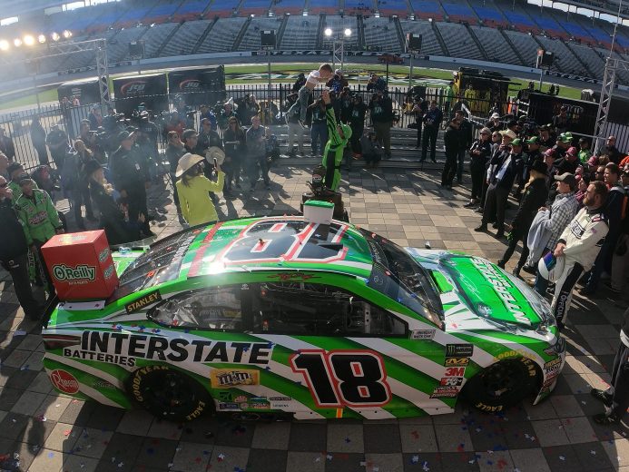 FORT WORTH, TX - APRIL 08:  Kyle Busch, driver of the #18 Interstate Batteries Toyota, celebrates in Victory Lane after winning the Monster Energy NASCAR Cup Series O'Reilly Auto Parts 500 at Texas Motor Speedway on April 8, 2018 in Fort Worth, Texas.  (Photo by Chris Graythen/Getty Images) | Getty Images