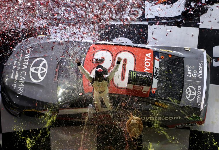 DAYTONA BEACH, FL - JULY 07:  Erik Jones, driver of the #20 buyatoyota.com Toyota, celebrates in Victory Lane after winning the Monster Energy NASCAR Cup Series Coke Zero Sugar 400 at Daytona International Speedway on July 7, 2018 in Daytona Beach, Florida.  (Photo by Jerry Markland/Getty Images) | Getty Images