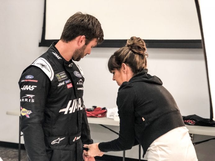 Daniel Suarez participates in a Stewart-Haas Racing photo shoot.