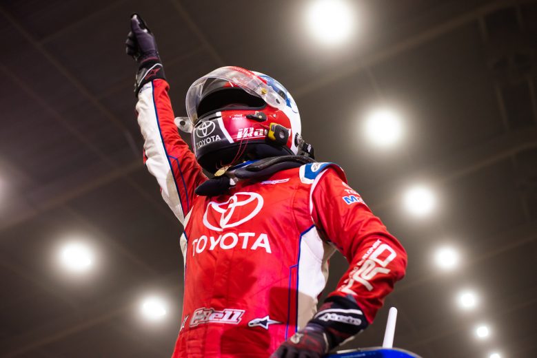 Christopher Bell celebrates winning his qualifying night at the Chili Bowl.