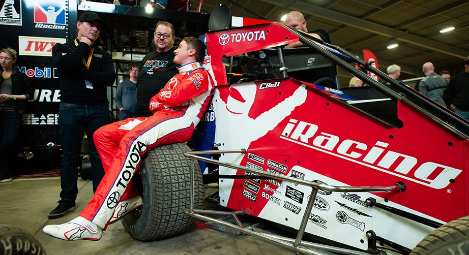 Christopher Bell chats with Jeff Gordon at the Chili Bowl Nationals.