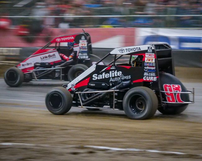 Rico Abreu passes a fellow competitor on the bottom of the race track at the Chili Bowl Nationals.