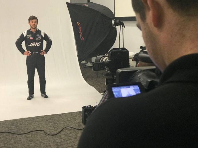 Daniel Suarez participates in a Stewart-Haas Racing photo shoot.