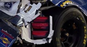 Tail lights of Paul Menard's No. 21 are embedded in the front bumper of Matt Tifft's No. 36 after the Daytona 500.