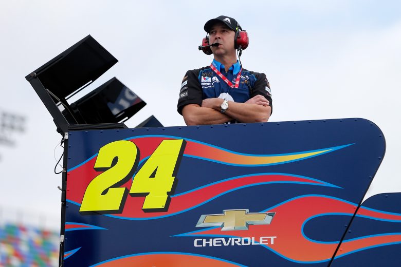 Chad Knaus stands atop the No. 24 hauler during practice at Daytona.