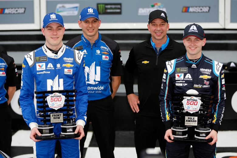 DAYTONA BEACH, FL - FEBRUARY 10: William Byron, driver of the #24 Axalta Chevrolet, poses for a photo after winning the pole award with second place Alex Bowman, driver of the #88 Nationwide Chevrolet, during qualifying for the Monster Energy NASCAR Cup Series 61st Annual Daytona 500 at Daytona International Speedway on February 10, 2019 in Daytona Beach, Florida. (Photo by Jonathan Ferrey/Getty Images) | Getty Images