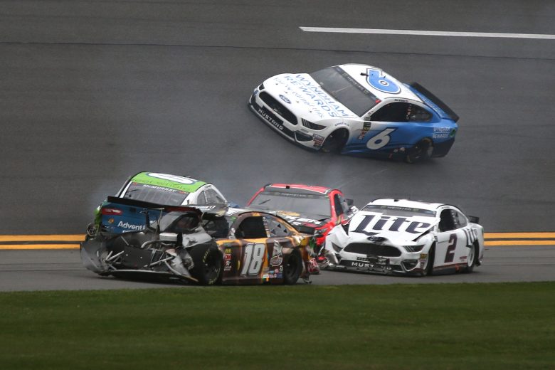 DAYTONA BEACH, FL - FEBRUARY 10: Kyle Busch, driver of the #18 M&M's Chocolate Bar Toyota, drives after a wreck during the Monster Energy NASCAR Cup Series Advance Auto Parts Clash at Daytona International Speedway on February 10, 2019 in Daytona Beach, Florida. (Photo by Jerry Markland/Getty Images) | Getty Images