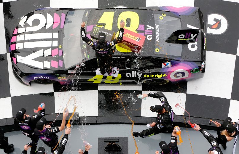 DAYTONA BEACH, FL - FEBRUARY 10: Jimmie Johnson, driver of the #48 Ally Chevrolet, celebrates in victory lane after winning the Monster Energy NASCAR Cup Series Advance Auto Parts Clash at Daytona International Speedway on February 10, 2019 in Daytona Beach, Florida. (Photo by Jonathan Ferrey/Getty Images) | Getty Images