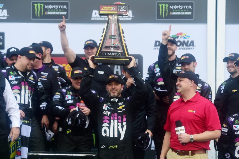 DAYTONA BEACH, FL - FEBRUARY 10: Jimmie Johnson, driver of the #48 Ally Chevrolet, celebrates in victory lane after winning the Monster Energy NASCAR Cup Series Advance Auto Parts Clash at Daytona International Speedway on February 10, 2019 in Daytona Beach, Florida. (Photo by Jared C. Tilton/Getty Images) | Getty Images