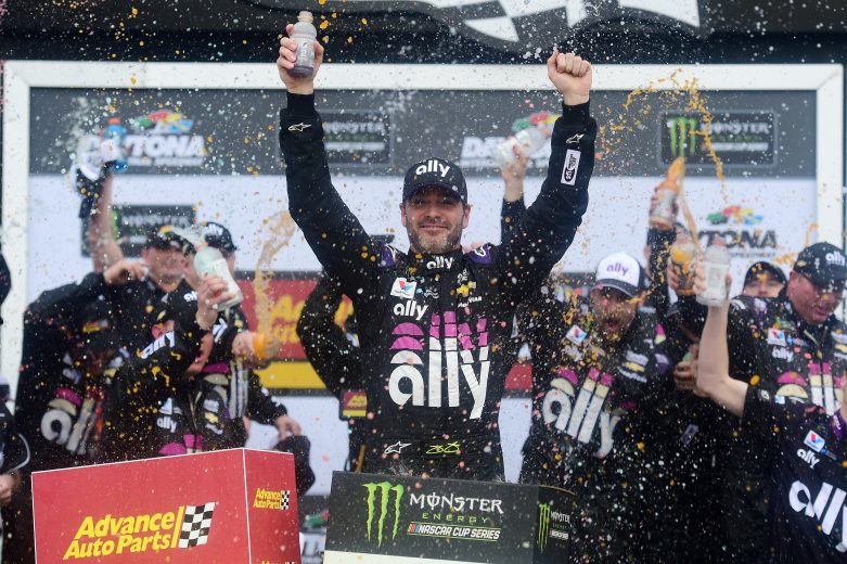 DAYTONA BEACH, FL - FEBRUARY 10: Jimmie Johnson, driver of the #48 Ally Chevrolet, celebrates in victory lane after winning the Monster Energy NASCAR Cup Series Advance Auto Parts Clash at Daytona International Speedway on February 10, 2019 in Daytona Beach, Florida. (Photo by Jared C. Tilton/Getty Images) | Getty Images