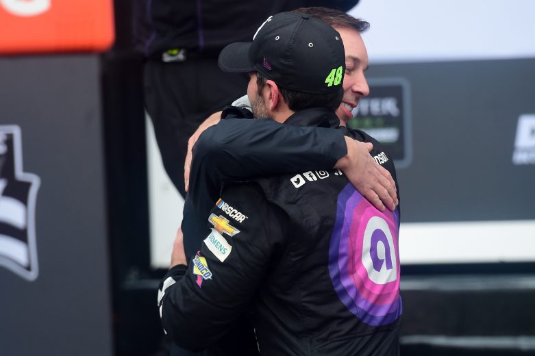 DAYTONA BEACH, FL - FEBRUARY 10: Jimmie Johnson, driver of the #48 Ally Chevrolet, celebrates in victory lane with his former crew chief Chad Knaus after the Monster Energy NASCAR Cup Series Advance Auto Parts Clash at Daytona International Speedway on February 10, 2019 in Daytona Beach, Florida. (Photo by Jared C. Tilton/Getty Images) | Getty Images
