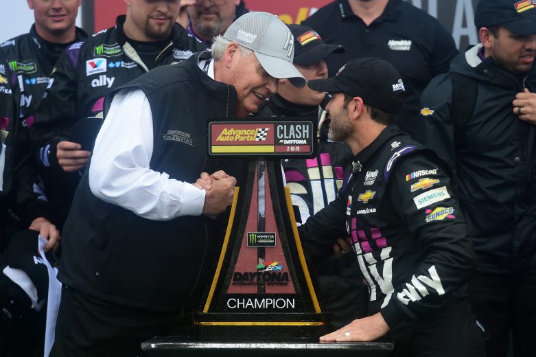 DAYTONA BEACH, FL - FEBRUARY 10: Team owner Rick Hendrick congratulates Jimmie Johnson, driver of the #48 Ally Chevrolet, after winning the Monster Energy NASCAR Cup Series Advance Auto Parts Clash at Daytona International Speedway on February 10, 2019 in Daytona Beach, Florida. (Photo by Jared C. Tilton/Getty Images) | Getty Images