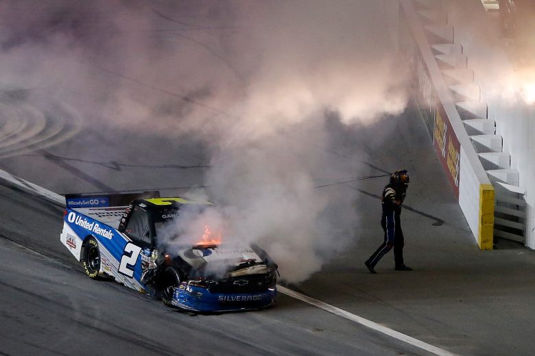 Sheldon Creed escapes the No. 2 truck after it catches fire in the Truck Series race at Daytona.