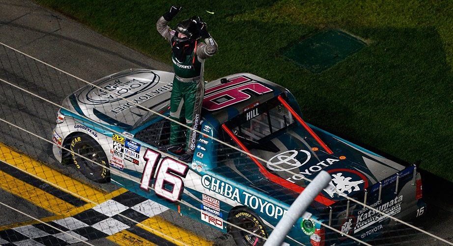 Austin Hill celebrates after winning the Truck Series race at Daytona.