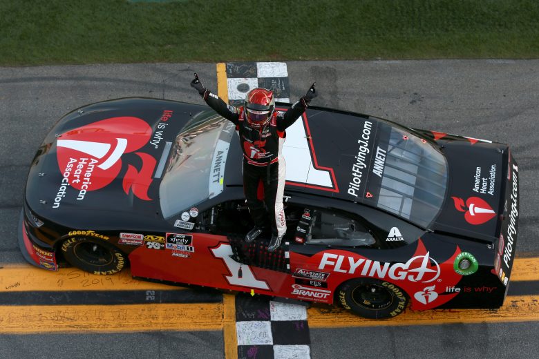 DAYTONA BEACH, FL - FEBRUARY 16: Michael Annett, driver of the #1 Pilot Flying J/American Heart Association Chevrolet, celebrates after winning the NASCAR Xfinity Series NASCAR Racing Experience 300 at Daytona International Speedway on February 16, 2019 in Daytona Beach, Florida. (Photo by Sean Gardner/Getty Images) | Getty Images