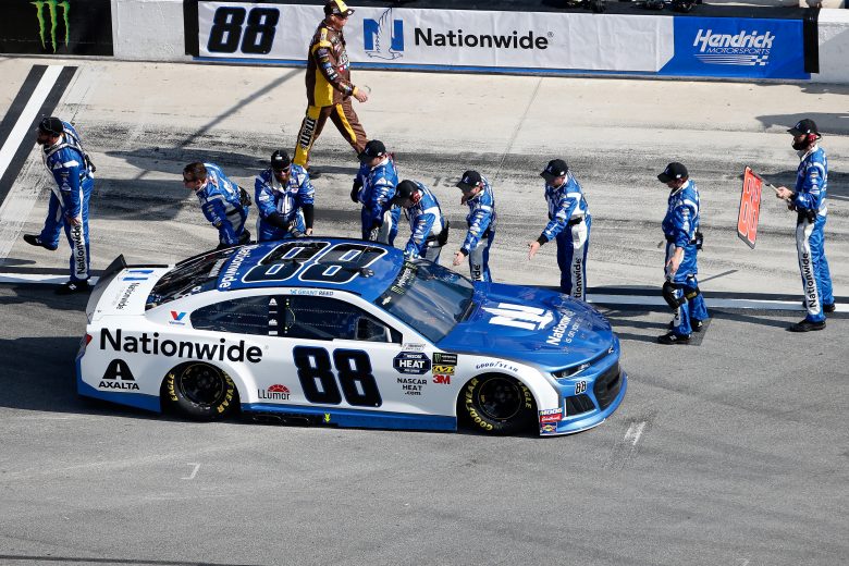 DAYTONA BEACH, FL - FEBRUARY 17: Alex Bowman, driver of the #88 Nationwide Chevrolet, drives past his crewduring the Monster Energy NASCAR Cup Series 61st Annual Daytona 500 at Daytona International Speedway on February 17, 2019 in Daytona Beach, Florida. (Photo by Brian Lawdermilk/Getty Images) | Getty Images