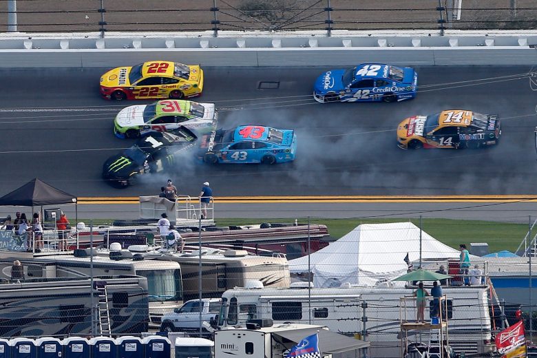 DAYTONA BEACH, FL - FEBRUARY 17: Kurt Busch, driver of the #1 Monster Energy Chevrolet, and Bubba Wallace, driver of the #43 Aftershokz Chevrolet, are involved in an on track incident during the Monster Energy NASCAR Cup Series 61st Annual Daytona 500 at Daytona International Speedway on February 17, 2019 in Daytona Beach, Florida. (Photo by Brian Lawdermilk/Getty Images) | Getty Images