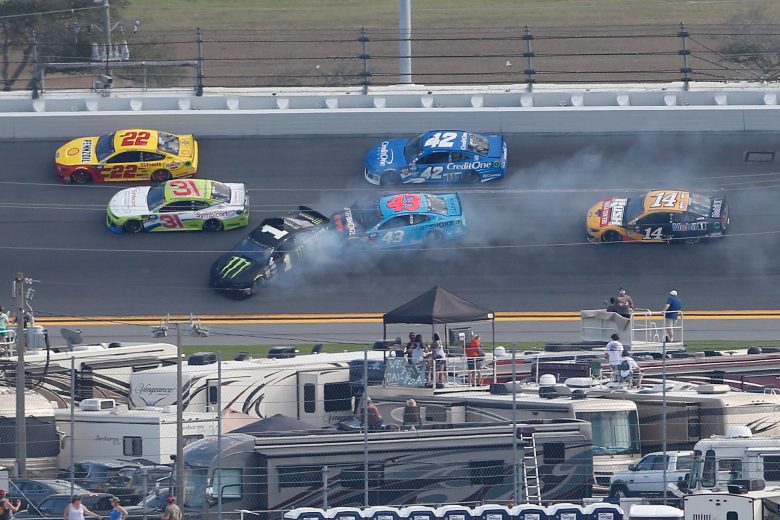 DAYTONA BEACH, FL - FEBRUARY 17: Kurt Busch, driver of the #1 Monster Energy Chevrolet, and Bubba Wallace, driver of the #43 Aftershokz Chevrolet, are involved in an on track incident during the Monster Energy NASCAR Cup Series 61st Annual Daytona 500 at Daytona International Speedway on February 17, 2019 in Daytona Beach, Florida. (Photo by Brian Lawdermilk/Getty Images) | Getty Images