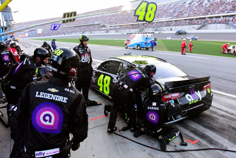 DAYTONA BEACH, FL - FEBRUARY 17: Jimmie Johnson, driver of the #48 Ally Chevrolet, pits after being involved in an on-track incident during the Monster Energy NASCAR Cup Series 61st Annual Daytona 500 at Daytona International Speedway on February 17, 2019 in Daytona Beach, Florida. (Photo by Jared C. Tilton/Getty Images) | Getty Images