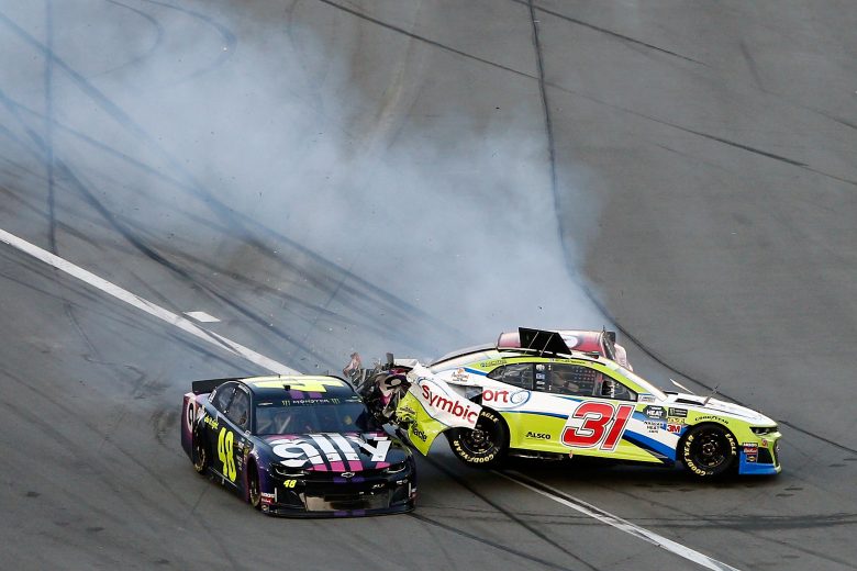 DAYTONA BEACH, FL - FEBRUARY 17: Tyler Reddick, driver of the #31 Symbicort Chevrolet, and Jimmie Johnson, driver of the #48 Ally Chevrolet, are involved in an on-track incident during the Monster Energy NASCAR Cup Series 61st Annual Daytona 500 at Daytona International Speedway on February 17, 2019 in Daytona Beach, Florida. (Photo by Brian Lawdermilk/Getty Images) | Getty Images