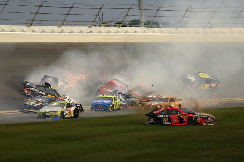 DAYTONA BEACH, FL - FEBRUARY 17: Martin Truex Jr., driver of the #19 Bass Pro Shops Toyota, wrecks during the Monster Energy NASCAR Cup Series 61st Annual Daytona 500 at Daytona International Speedway on February 17, 2019 in Daytona Beach, Florida. (Photo by Jerry Markland/Getty Images) | Getty Images