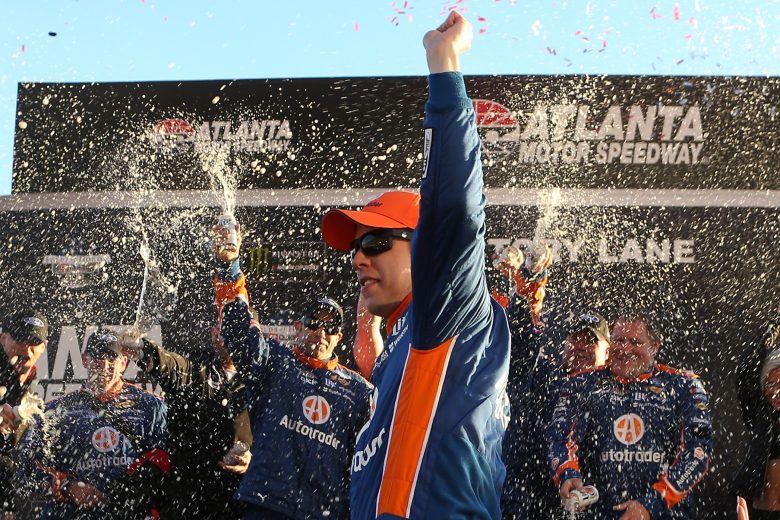 HAMPTON, GA - FEBRUARY 24: Brad Keselowski, driver of the #2 Autotrader Ford, celebrates in victory lane after winning the Monster Energy NASCAR Cup Series Folds of Honor QuikTrip 500 at Atlanta Motor Speedway on February 24, 2019 in Hampton, Georgia. (Photo by Brian Lawdermilk/Getty Images) | Getty Images