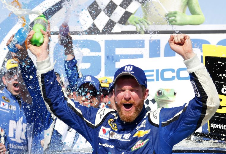 TALLADEGA, AL - MAY 03: Dale Earnhardt Jr., driver of the #88 Nationwide Chevrolet, celebrates in victory lane after winning the NASCAR Sprint Cup Series GEICO 500 at Talladega Superspeedway on May 3, 2015 in Talladega, Alabama. (Photo by Matt Sullivan/Getty Images) | Getty Images
