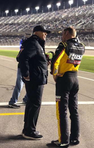 Clint Bowyer and Joe Gibbs talk after the Gander RV Duel at Daytona.