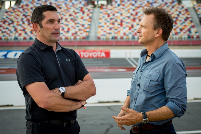 Concord, NC - (L to R) NASCAR performance advisor Max Papis speaks with Host Phil Keoghan on Charlotte Motor Speedway's new Roval course. (National Geographic/Alex Mandiola)