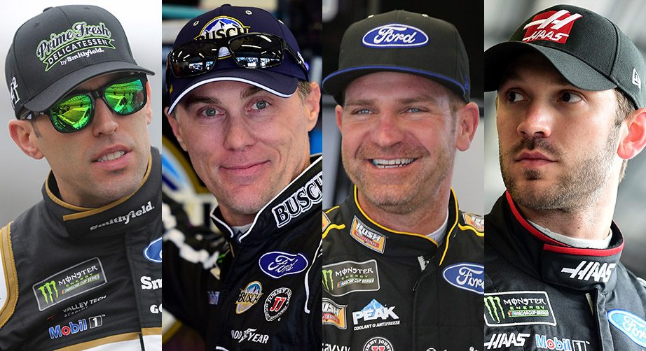 A four-panel image of Aric Almirola, Kevin Harvick, Clint Bowyer and Daniel Suarez.