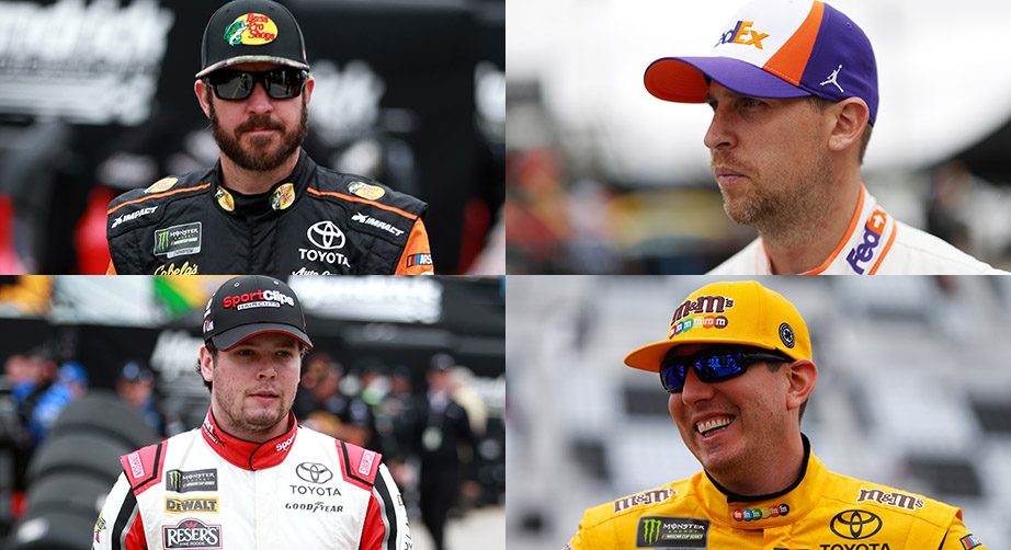 A four-panel image of Martin Truex Jr., Denny Hamlin, Erik Jones and Kyle Busch.